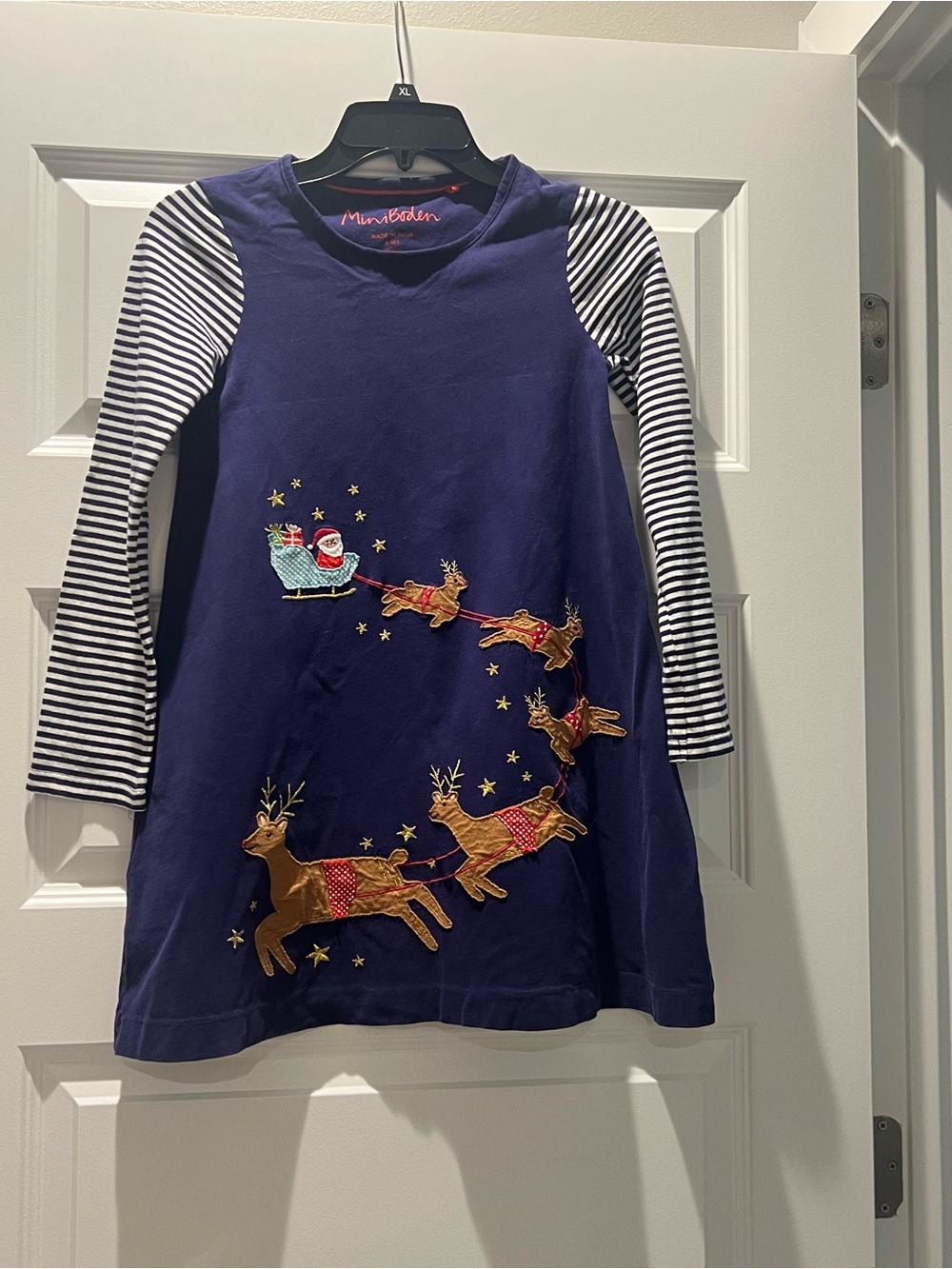 Mini Boden Girls' Navy Long-Sleeve Christmas Reindeer Dress